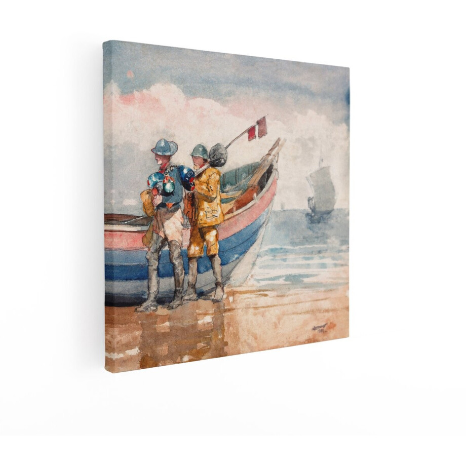 Artaza Canvas Schilderij Twee Vissers met hun Uitrusting Lopen langs een Boot op het Strand - 40x40 cm - Wanddecoratie Woonkamer - Schilderijen - Muurdecoratie afbeelding 1