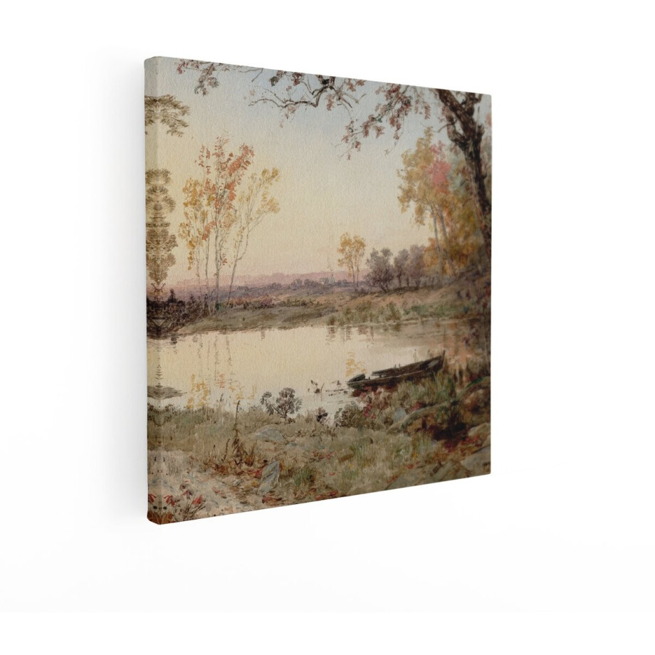 Artaza Canvas Schilderij Schilderachtige Waterverf van een Rustige Rivier met een Boot in de Herfst - 70x70 cm - Wanddecoratie Woonkamer - Schilderijen - Muurdecoratie afbeelding 1