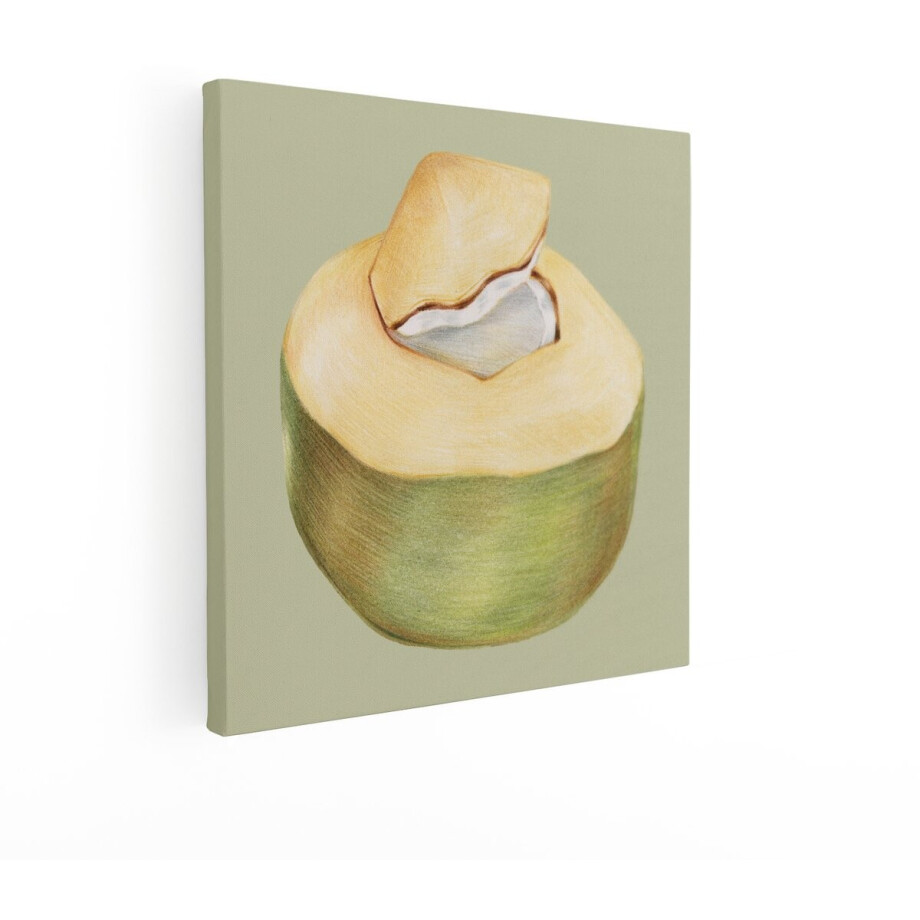 Artaza Canvas Schilderij Gedetailleerde Tekening van een Verse Kokosnoot met een Open Bovenkant - 50x50 cm - Wanddecoratie Woonkamer - Schilderijen - Muurdecoratie afbeelding 1