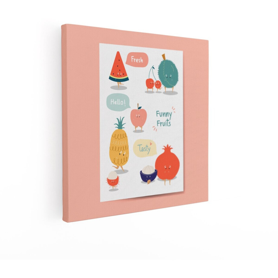 Artaza Canvas Schilderij Grappige Fruitkarakters met Tekstballonnen en Schattige Gezichtjes - 90x90 cm - Groot - Wanddecoratie Woonkamer - Schilderijen - Muurdecoratie afbeelding 1