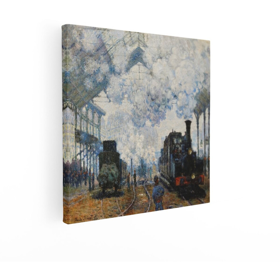 Artaza Canvas Schilderij Claude Monets Schilderij Gare Saint-Lazare Legt Stoom en Treinen in Parijs Vast - 90x90 cm - Groot - Wanddecoratie Woonkamer - Schilderijen - Muurdecoratie afbeelding 1