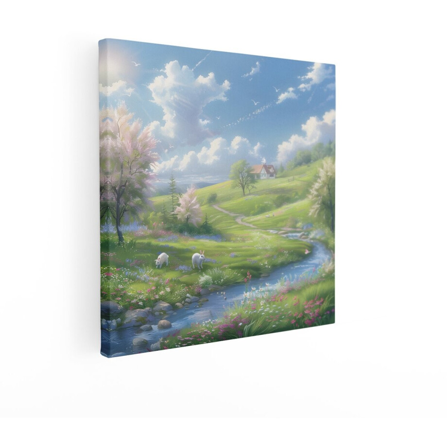 Artaza Canvas Schilderij Idyllisch Lentelandschap met Bloeiende Bomen en Konijnen bij een Kabbelend Beekje - 70x70 cm - Wanddecoratie Woonkamer - Schilderijen - Muurdecoratie afbeelding 1
