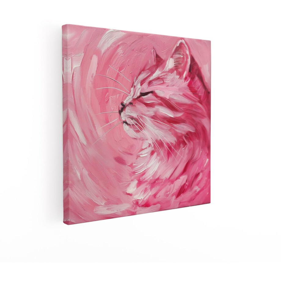 Artaza Canvas Schilderij Abstract Schilderij van een Roze Kat met Gesloten Ogen - Geschilderd met Dikke Verf - 90x90 cm - Groot - Wanddecoratie Woonkamer - Schilderijen - Muurdecoratie afbeelding 1