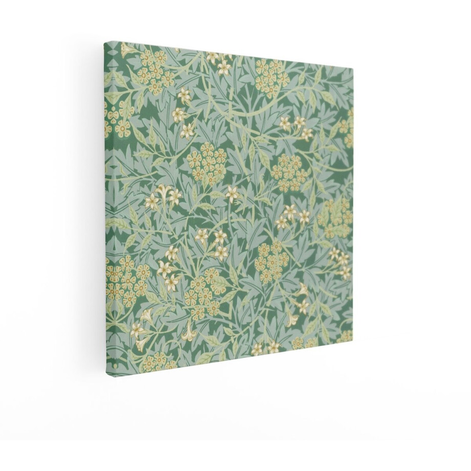 Artaza Canvas Schilderij Vintage Groen Bloemenpatroon met Delicate Witte Bloemen en Bladeren - 50x50 cm - Wanddecoratie Woonkamer - Schilderijen - Muurdecoratie afbeelding 1