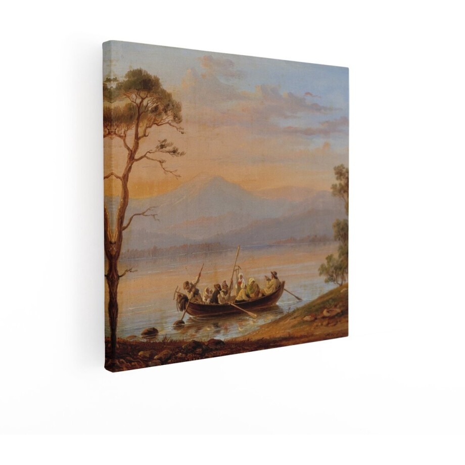 Artaza Canvas Schilderij Landschap - 70x70 cm - Wanddecoratie Zonsondergang - Muurdecoratie Boot Op Meer - Oude Meesters Canvas afbeelding 1