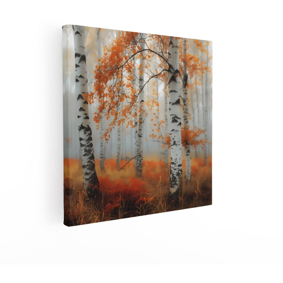 Artaza Canvas Schilderij Nevelberkenbos met Levendige Oranje Herfstbladeren en Loof - 90x90 cm - Groot - Wanddecoratie Woonkamer - Schilderijen - Muurdecoratie afbeelding 1