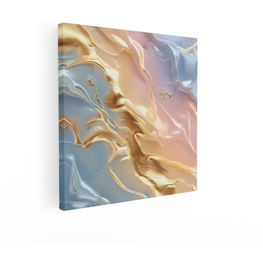 Artaza Canvas Schilderij Abstract Gouden en Pastelkleurige Vloeibare Textuur met Glinsterende Accenten - 70x70 cm - Wanddecoratie Woonkamer - Schilderijen - Muurdecoratie afbeelding 1