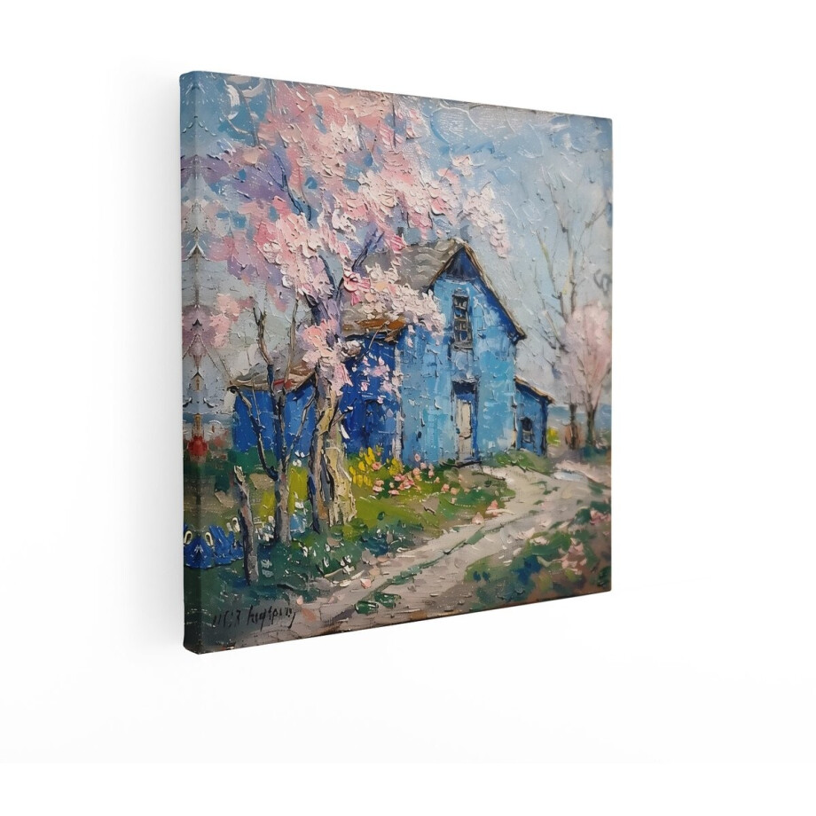 Artaza Canvas Schilderij Landschap Blauw Huis - 50x50 cm - Wanddecoratie Kersenbloesem - Muurdecoratie Landelijk - Decoratie Lente Natuur afbeelding 1