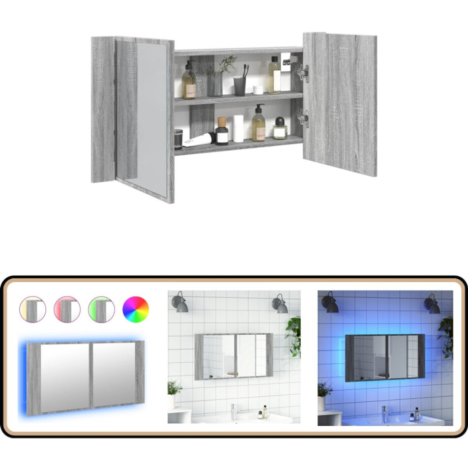 vidaXL Badkamerkast met spiegel en LED 90x12x45 cm acryl grijs sonoma afbeelding 1