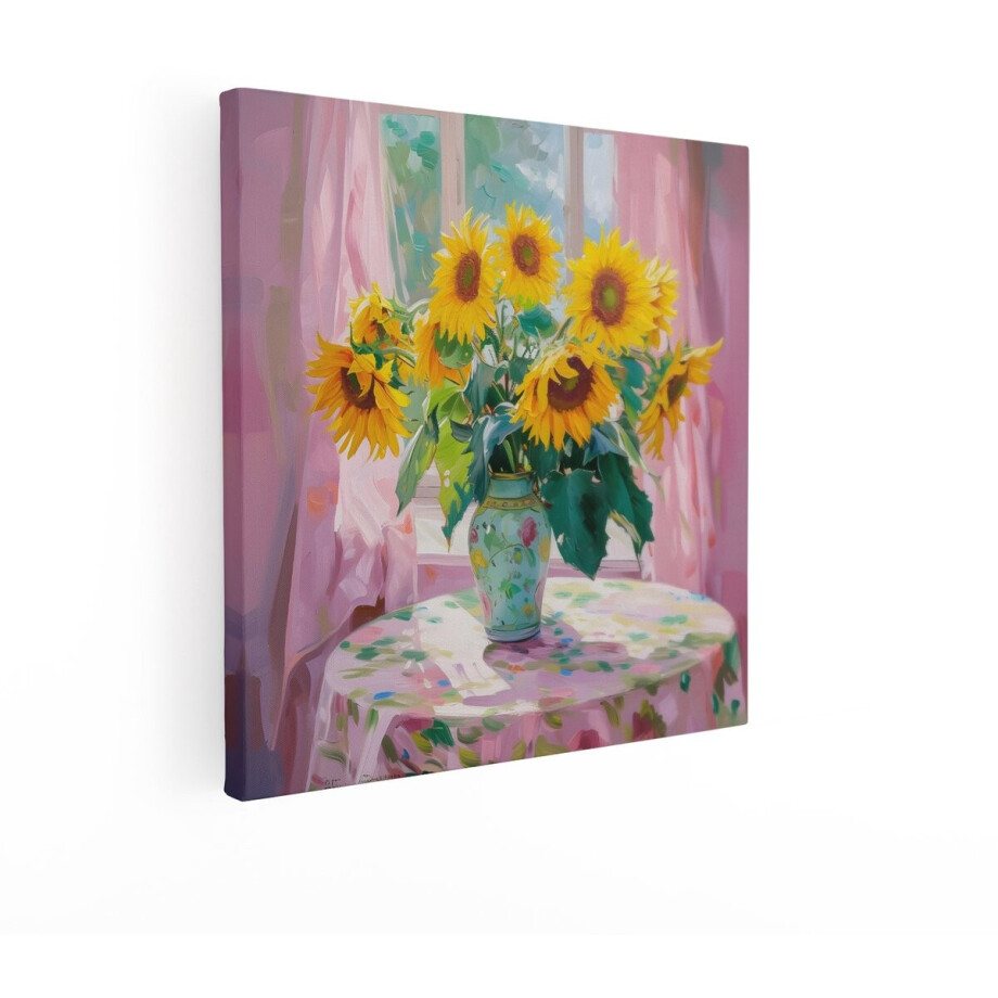 Artaza Canvas Schilderij Stilleven Bloemen - 40x40 cm - Wanddecoratie Zonnebloemen Vaas - Muurdecoratie Romantisch - Schilderijen Op Canvas afbeelding 1