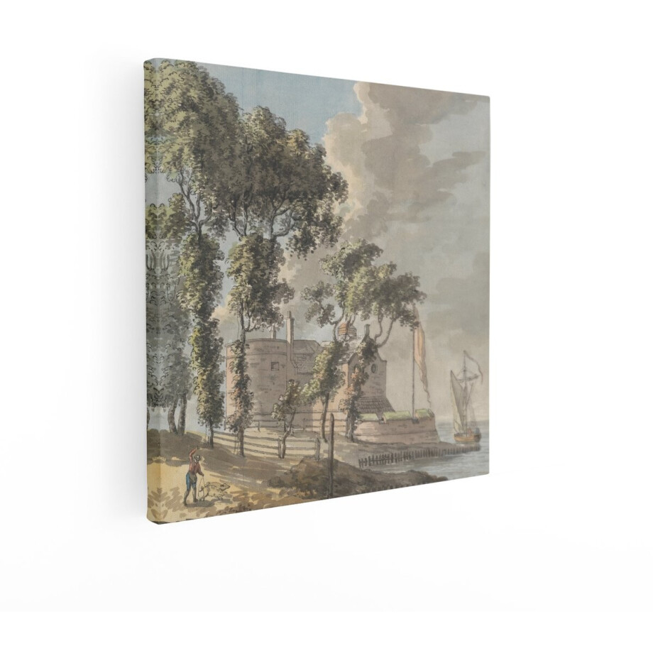 Artaza Canvas Schilderij Historische Versterkte Woning aan de Kust met Zeilboot en Bomen - 90x90 cm - Groot - Wanddecoratie Woonkamer - Schilderijen - Muurdecoratie afbeelding 1