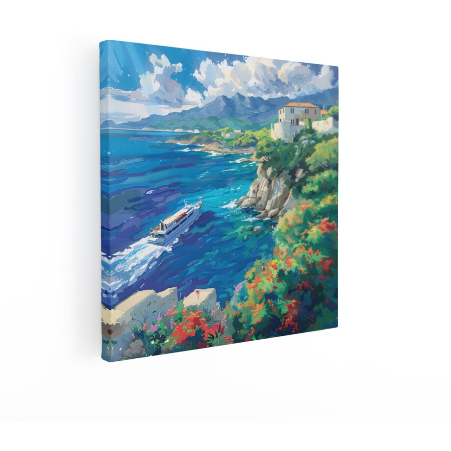 Artaza Canvas Schilderij Kustlijn - 70x70 cm - Wanddecoratie Zee - Muurdecoratie Landschap - Decoratie Mediterrane Boot - Bloeiende Natuur afbeelding 1