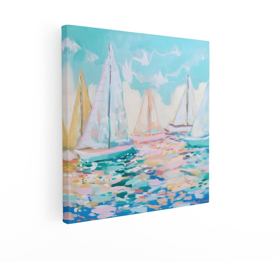 Artaza Canvas Schilderij Zeilboten - 50x50 cm - Abstract Wanddecoratie Zee - Muurdecoratie Strand - Decoratie Landschap - Pastel afbeelding 1
