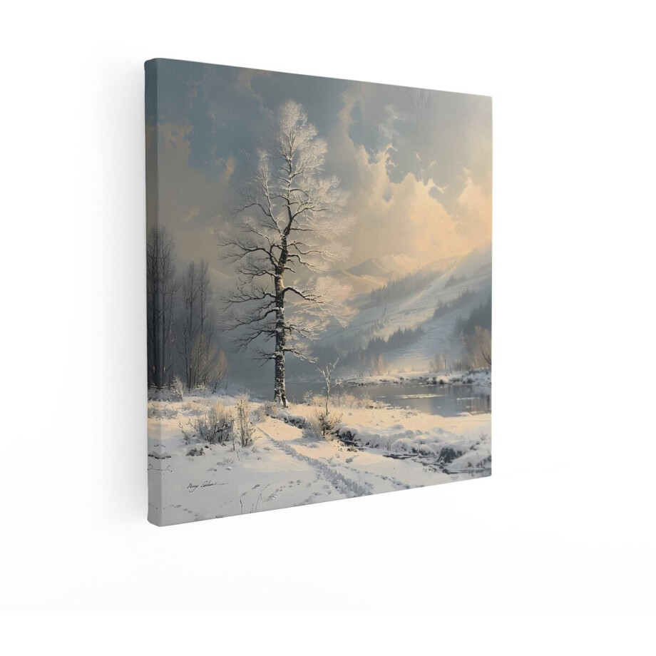 Artaza Canvas Schilderij Winterlandschap - 50x50 cm - Wanddecoratie Besneeuwde Boom - Muurdecoratie Bergen - Decoratie Natuur afbeelding 1