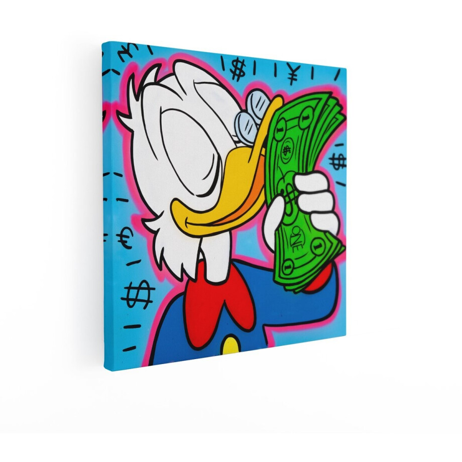 Artaza Canvas Schilderij Rijke Eend met Geld - Cartoonstijl - Symboliseert Rijkdom en Succes - 90x90 cm - Groot - Wanddecoratie Woonkamer - Schilderijen - Muurdecoratie afbeelding 1