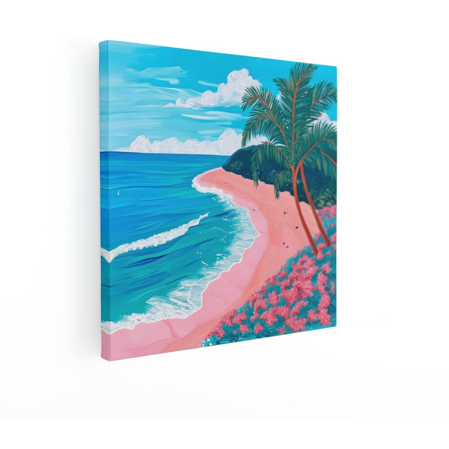 Artaza Canvas Schilderij Tropisch Strand - 50x50 cm - Wanddecoratie Palmbomen - Muurdecoratie Zee - Decoratie Roze Bloemen afbeelding 1