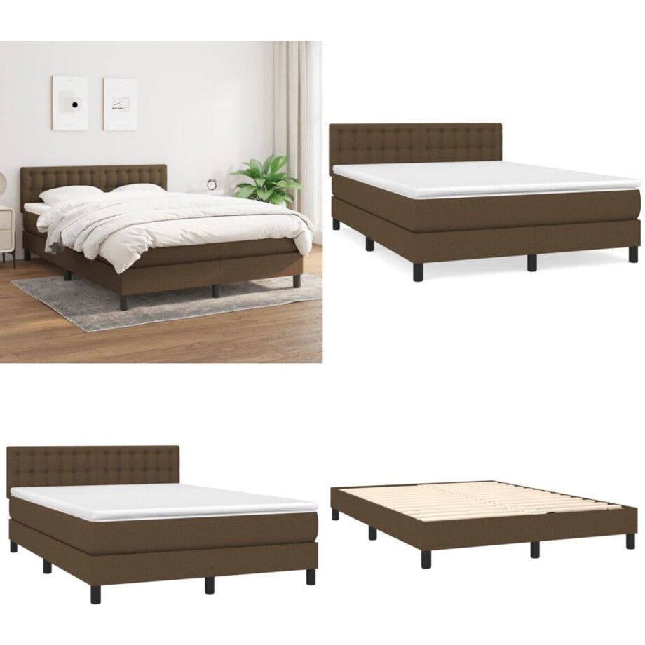 vidaXL Boxspring met matras stof donkerbruin 140x200 cm - Boxspring - Boxsprings - Bed - Slaapmeubel afbeelding 1