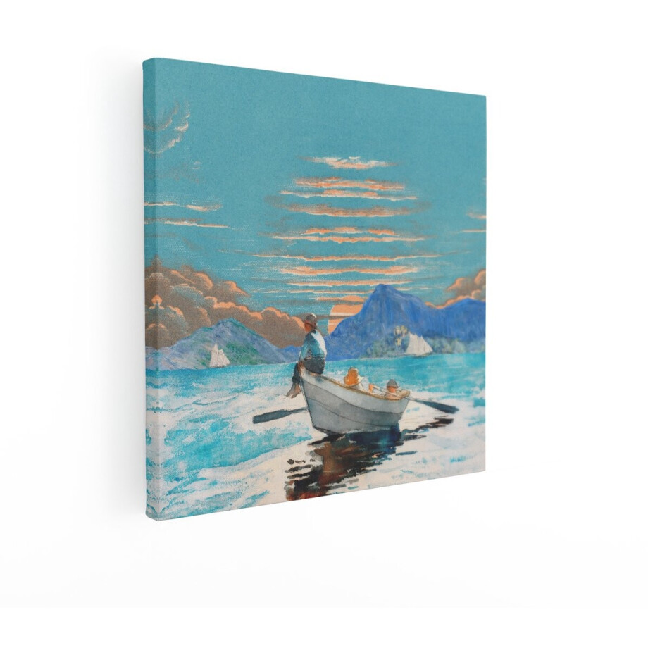Artaza Canvas Schilderij Zee - 50x50 cm - Wanddecoratie Zonsondergang - Muurdecoratie Roeiboot - Decoratie Bergen Landschap - Blauw afbeelding 1