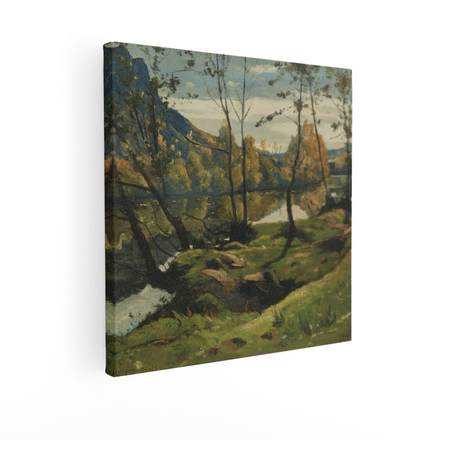 Artaza Canvas Schilderij Schilderachtig Herfstlandschap met Rivier en Bomen in Gouden Tinten - 40x40 cm - Wanddecoratie Woonkamer - Schilderijen - Muurdecoratie afbeelding 1