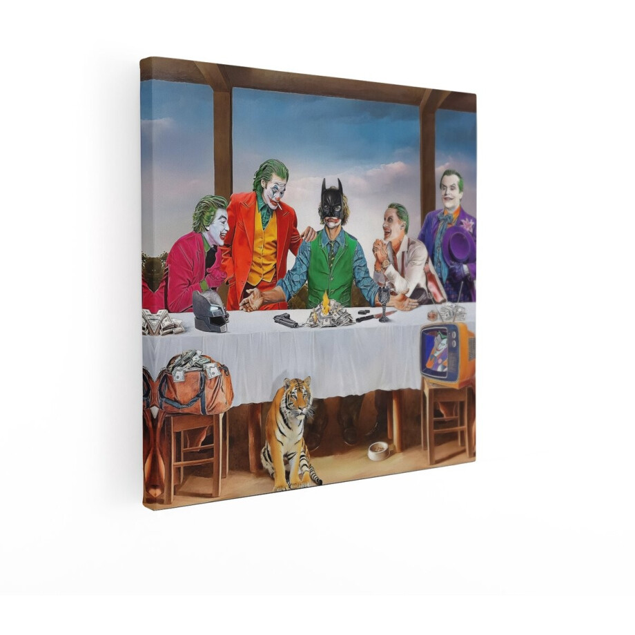 Artaza Canvas Schilderij De Joker en Batman Vieren een Duister Diner met een Tijger en Geld - 90x90 cm - Groot - Wanddecoratie Woonkamer - Schilderijen - Muurdecoratie afbeelding 1