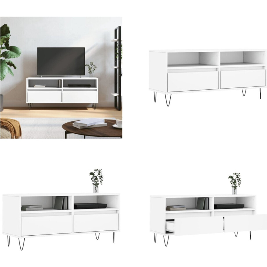 vidaXL - Tv-meubel - 100x34,5x44,5 - cm - bewerkt - hout - wit vidaXL - Tv-meubel - 100x34,5x44,5 - cm - bewerkt - hout - wit afbeelding 1
