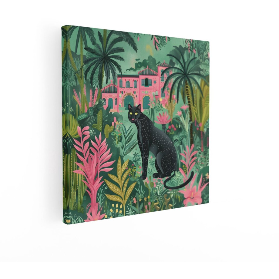 Artaza Canvas Schilderij Zwarte Panter in Weelderige Tropische Jungle met Roze Huis op de Achtergrond - 50x50 cm - Wanddecoratie Woonkamer - Schilderijen - Muurdecoratie afbeelding 1