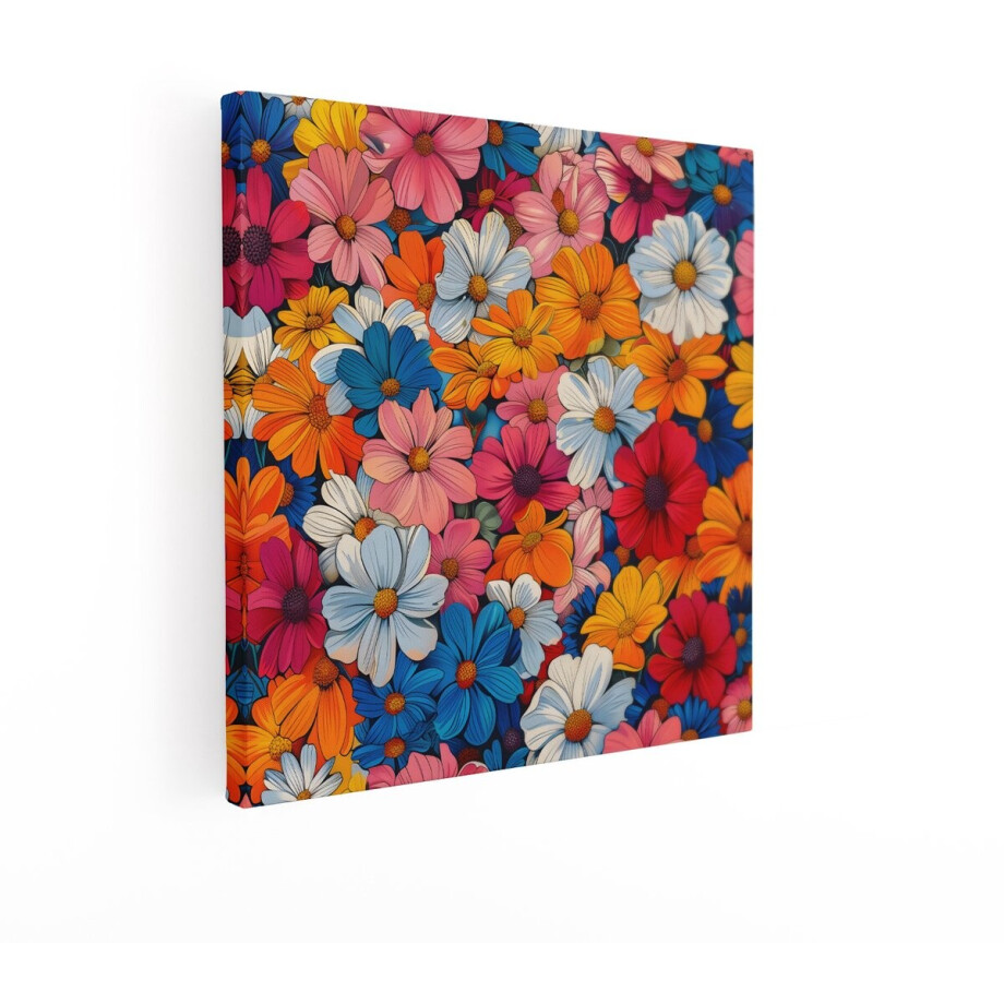 Artaza Canvas Schilderij Levendige Bloemenprint met een Veelheid aan Kleurrijke Bloesems - 90x90 cm - Groot - Wanddecoratie Woonkamer - Schilderijen - Muurdecoratie afbeelding 1