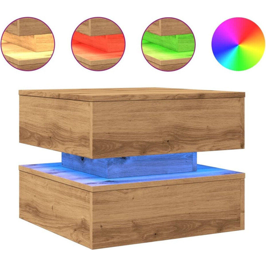 vidaXL - Salontafel - met - LED-verlichting - 50x50x40cm - artisanaal - eikenkleur afbeelding 1