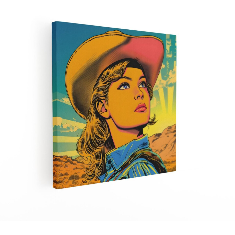 Artaza Canvas Schilderij Vrouw in Cowboyhoed Kijkt Hoopvol Naar de Zonnige Hemel boven een Woestijnlandschap - 40x40 cm - Wanddecoratie Woonkamer - Schilderijen - Muurdecoratie afbeelding 1