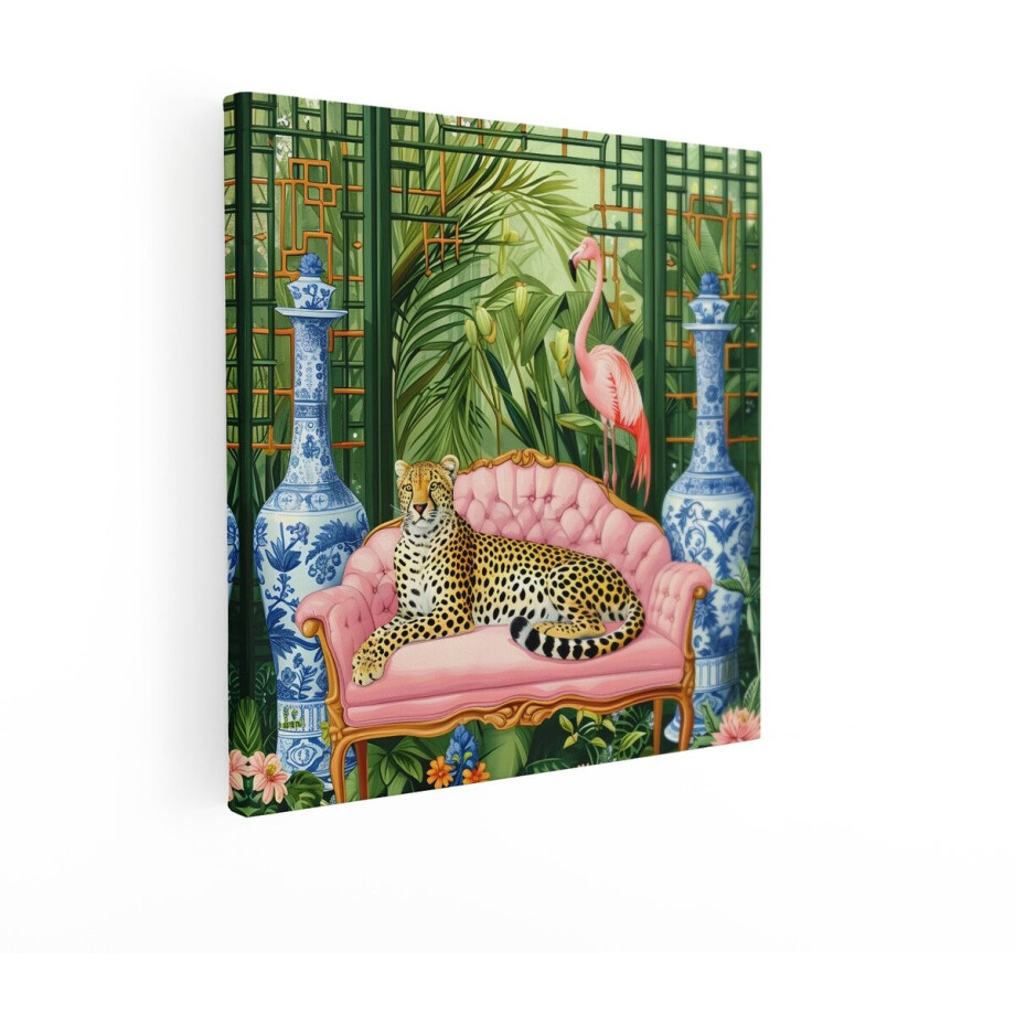Artaza Canvas Schilderij Luipaard - 50x50 cm - Wanddecoratie Flamingo - Muurdecoratie Botanische Tuin - Decoratie Delfts Blauw - Roze afbeelding 1