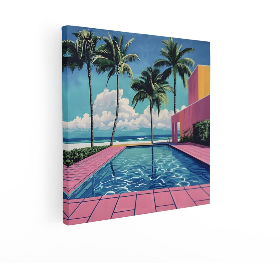 Artaza Canvas Schilderij Zwembad - 70x70 cm - Wanddecoratie Palmbomen - Muurdecoratie Tropisch Landschap - Retro Schilderijen Op Canvas - Roze afbeelding 1