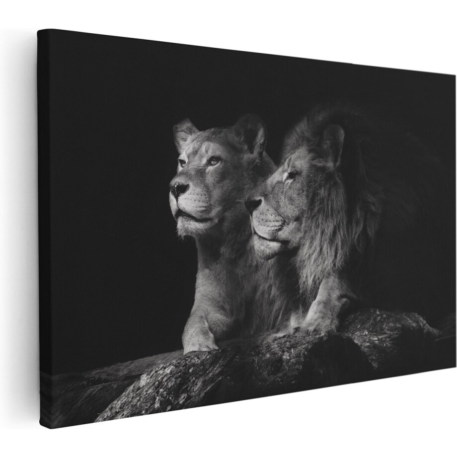 Artaza Canvas Schilderij Leeuw En Leeuwin - Zwart Wit - 60x40 cm - Wanddecoratie Woonkamer - Schilderijen - Muurdecoratie afbeelding 1