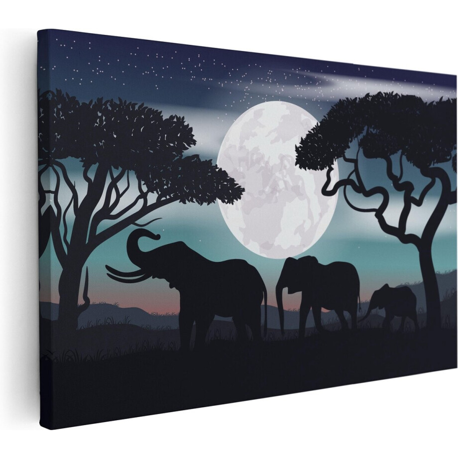 Artaza Canvas Schilderij Olifanten Silhouet Tijdens Volle Maan - 90x60 - Foto Op Canvas - Canvas Print - Muurdecoratie afbeelding 1