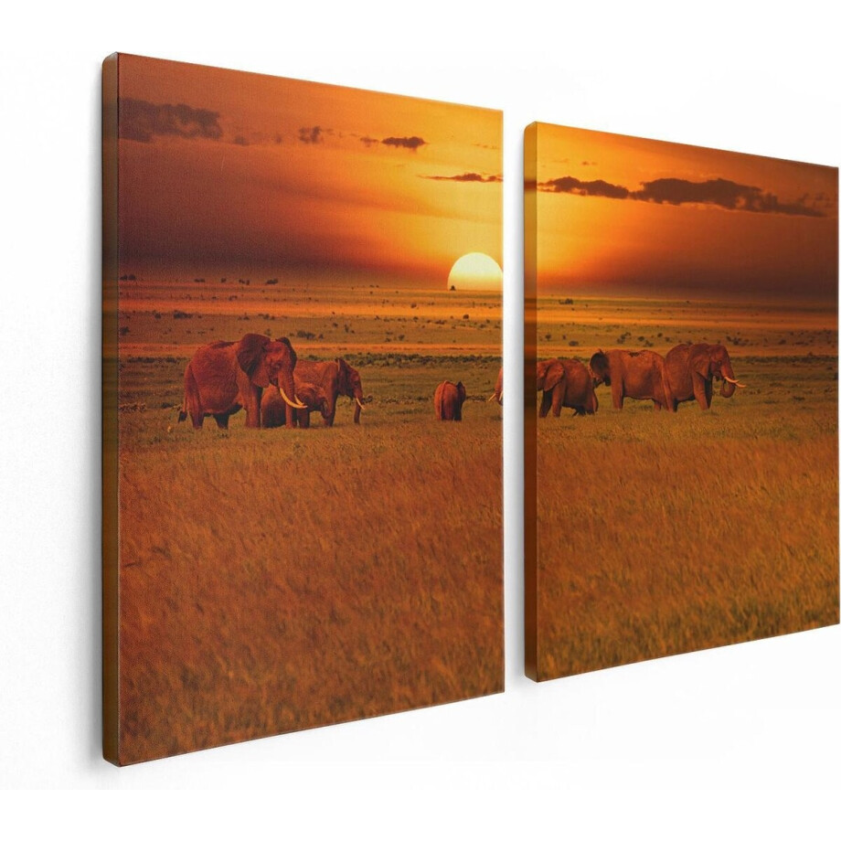 Artaza Canvas Schilderij Tweeluik Olifanten In Het Wild - Zonsondergang - 120x80 - Foto Op Canvas - Canvas Print afbeelding 1