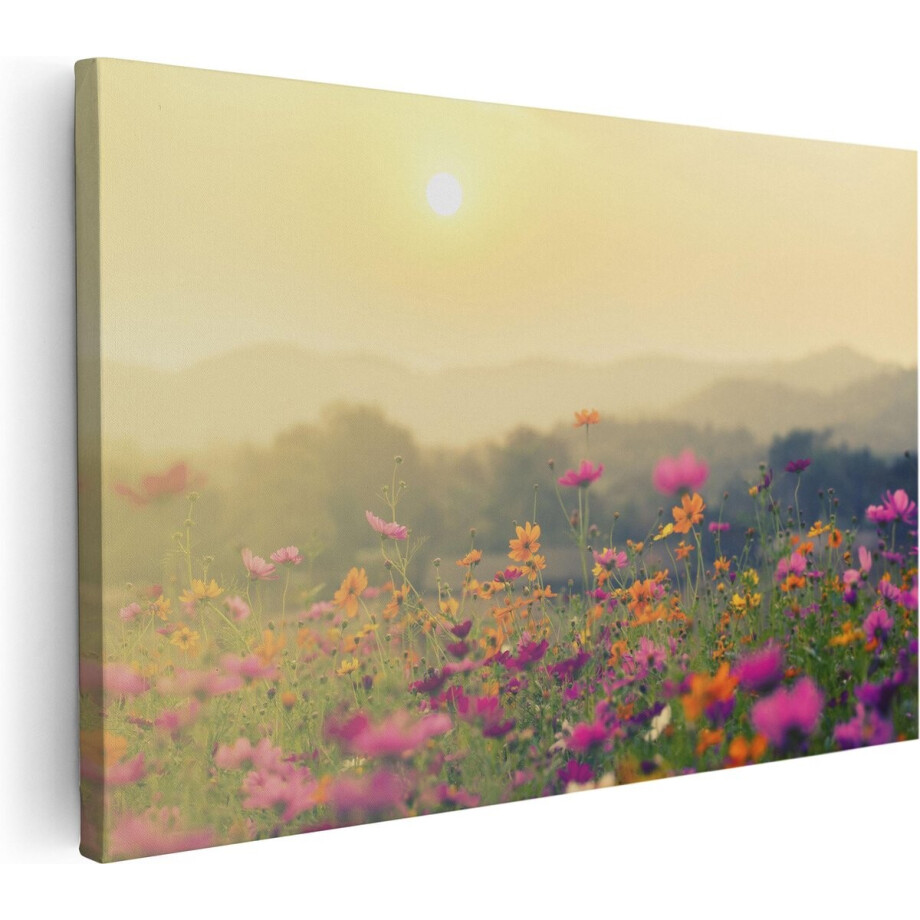 Artaza Canvas Schilderij Bloemenveld Met Kosmos - Zonsondergang - 90x60 - Foto Op Canvas - Canvas Print - Muurdecoratie afbeelding 1
