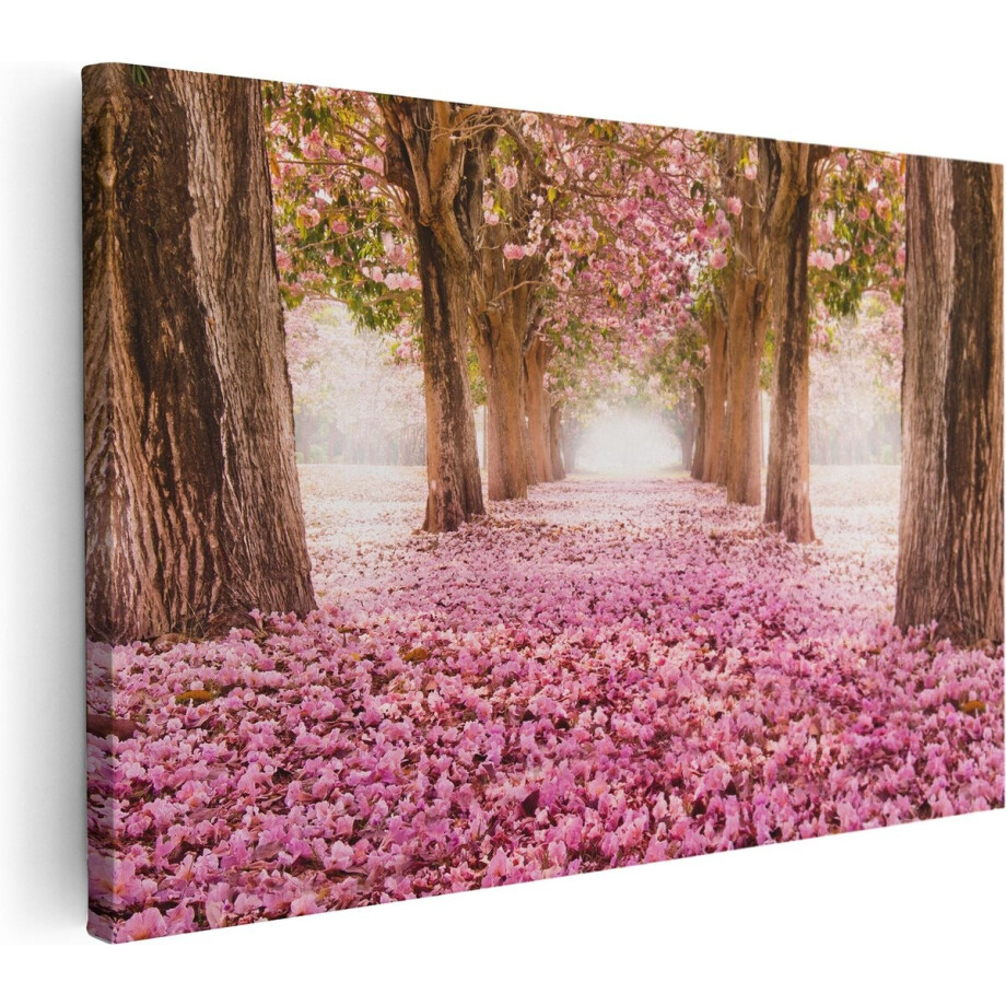 Artaza Canvas Schilderij Kersenbloesem Laan - 120x80 cm - Groot - Wanddecoratie Bloesem - Muurdecoratie Bomen - Schilderijen Op Canvas Natuur - Roze afbeelding 1