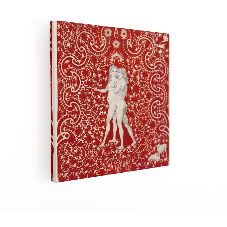 Artaza Canvas Schilderij Adam en Eva met Schapen en Vogels in een Gedetailleerd Rood Patroon - 70x70 cm - Wanddecoratie Woonkamer - Schilderijen - Muurdecoratie afbeelding 1