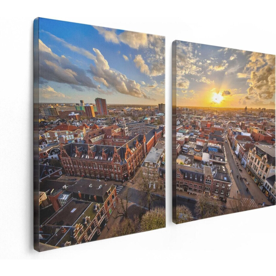 Artaza Canvas Schilderij Tweeluik Groningen Stad bij Zonsondergang - 120x80 cm - Wanddecoratie Woonkamer - Schilderijen - Muurdecoratie afbeelding 1