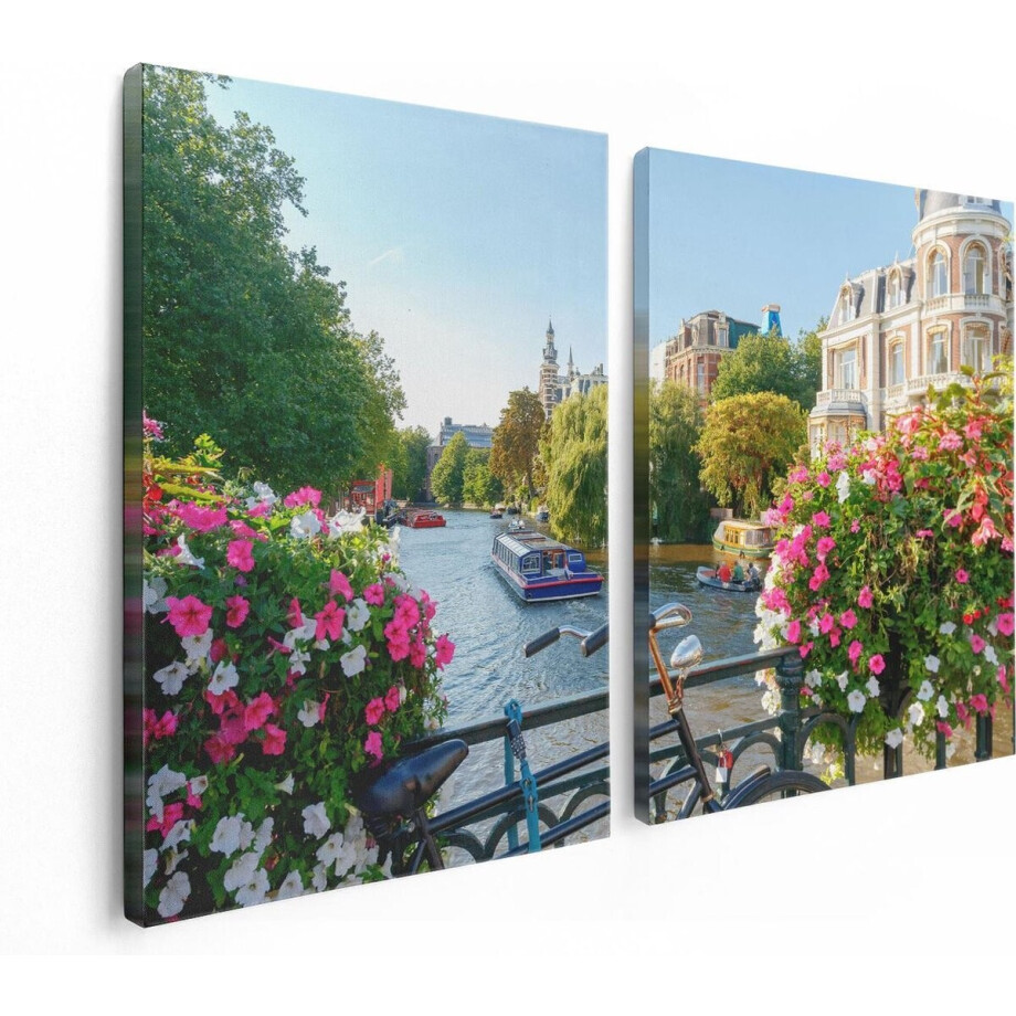 Artaza Canvas Schilderij Tweeluik Amsterdamse Kanaal Met Bloemen - 120x80 - Foto Op Canvas - Canvas Print afbeelding 1