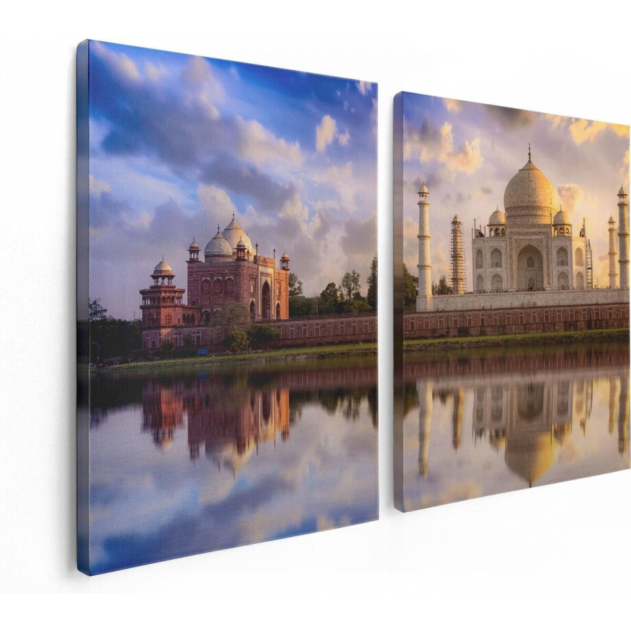 Artaza Canvas Schilderij Tweeluik Taj Mahal bij het Water in India - 120x80 - Foto Op Canvas - Canvas Print afbeelding 1