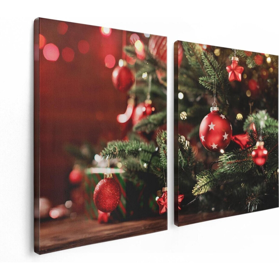 Artaza Canvas Schilderij Tweeluik Kerstboom Met Rode Lichtjes En Kerstballen - 120x80 - Foto Op Canvas - Canvas Print afbeelding 1