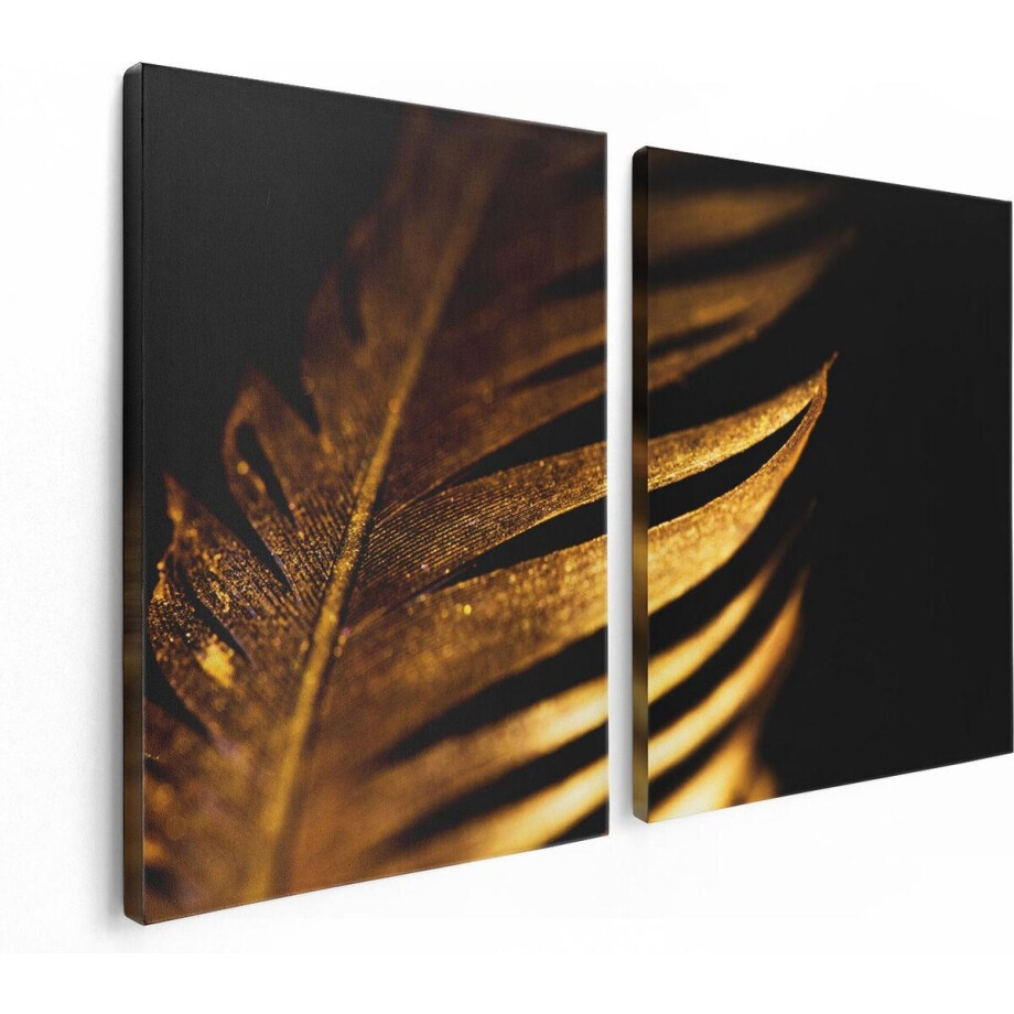 Artaza Canvas Schilderij Tweeluik Gouden Veer - 120x80 cm - Wanddecoratie Woonkamer - Schilderijen - Muurdecoratie afbeelding 1