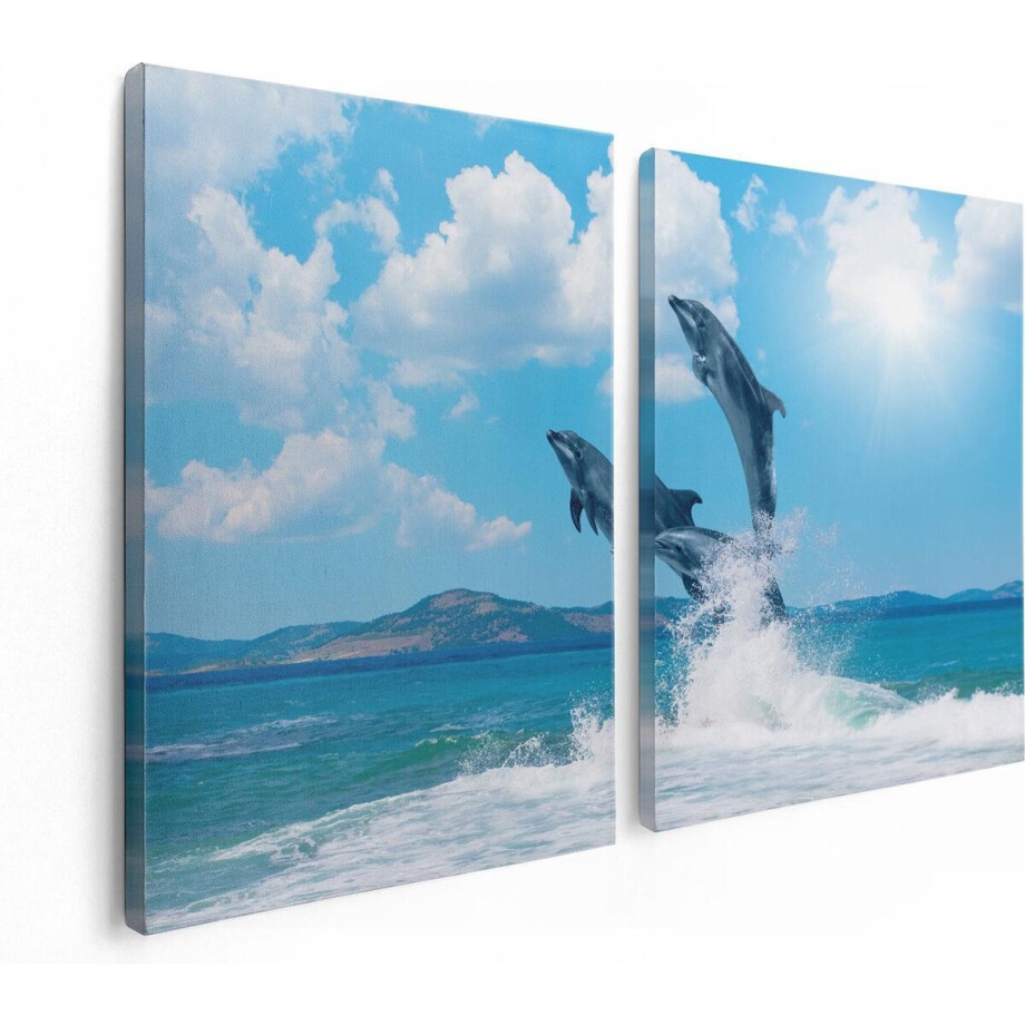 Artaza Canvas Schilderij Tweeluik Dolfijnen Springen uit het Water - 120x80 - Foto Op Canvas - Canvas Print afbeelding 1