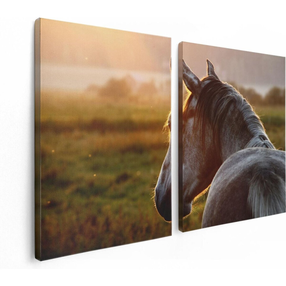Artaza Canvas Schilderij Tweeluik Paard In De Weide Tijdens Zonsondergang - 120x80 - Foto Op Canvas - Canvas Print afbeelding 1