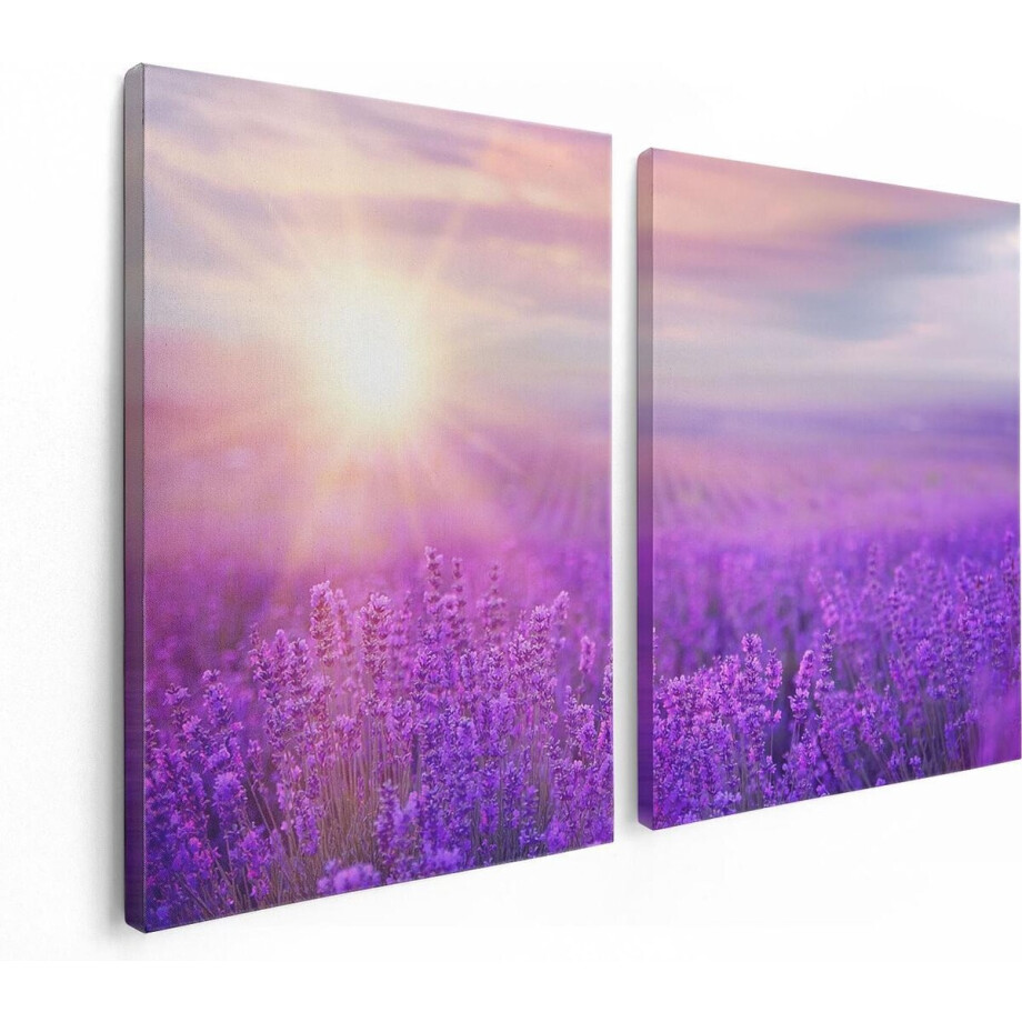 Artaza Canvas Schilderij Tweeluik Bloemenveld Met Paarse Lavendel  - 120x80 - Foto Op Canvas - Canvas Print afbeelding 1