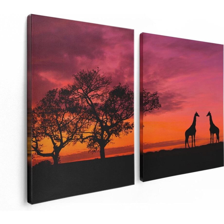 Artaza Canvas Schilderij Tweeluik Twee Giraffe Silhouetten Bij Zonsondergang - 120x80 - Foto Op Canvas - Canvas Print afbeelding 1