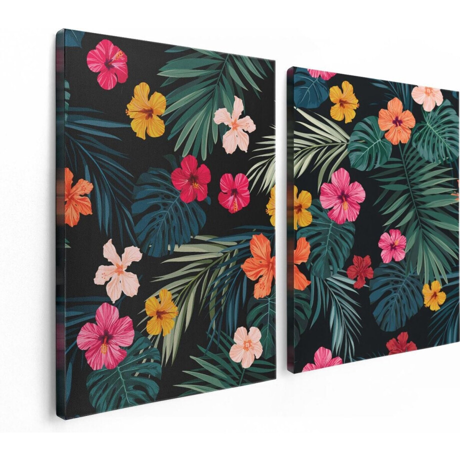 Artaza Canvas Schilderij Tweeluik Getekende Tropische Bloemen - Abstract - 120x80 - Foto Op Canvas - Canvas Print afbeelding 1