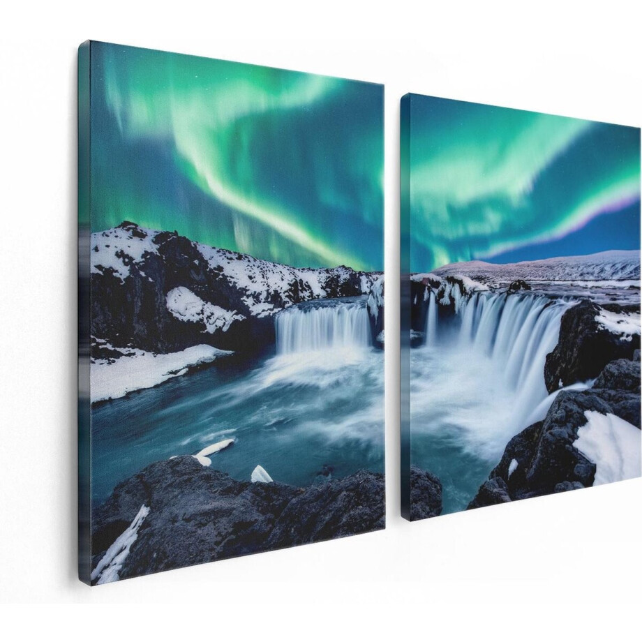 Artaza Canvas Schilderij Tweeluik Watervallen Met Het Groene Noorderlicht - 120x80 cm - Wanddecoratie Woonkamer - Schilderijen - Muurdecoratie Artaza Canvas Schilderij Tweeluik Watervallen Met Het Groene Noorderlicht - 120x80 cm - Wanddecoratie Woonkamer - Schilderijen - Muurdecoratie afbeelding 1