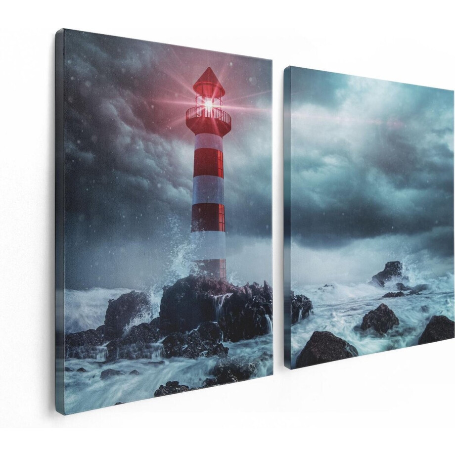 Artaza Canvas Schilderij Tweeluik Vuurtoren tijdens een Storm - 120x80 - Foto Op Canvas - Canvas Print afbeelding 1