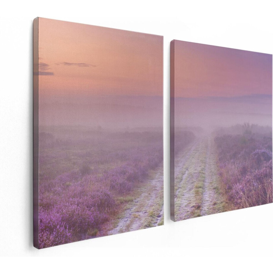 Artaza Canvas Schilderij Tweeluik Pad in de Weide tijdens de Mist - 120x80 - Foto Op Canvas - Canvas Print afbeelding 1